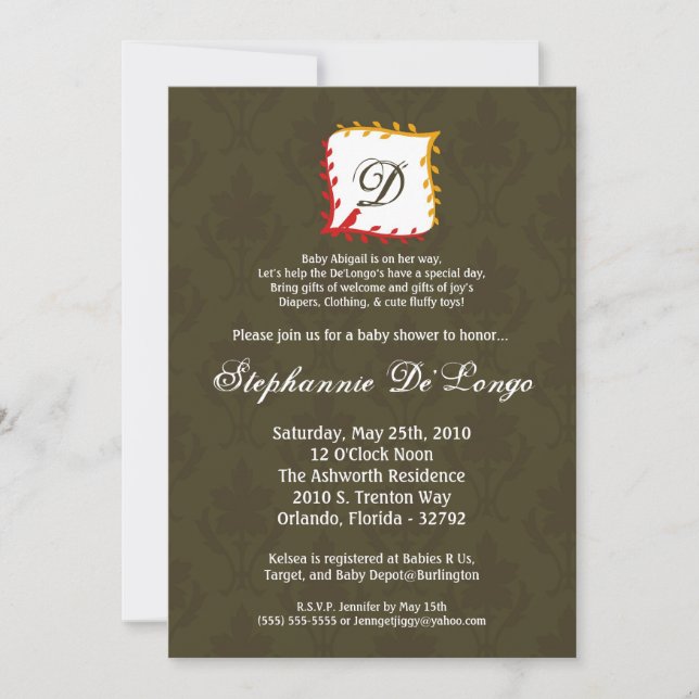 5x7 Autumn Fall Damask Mono Baby Shower Invitation (Front)
