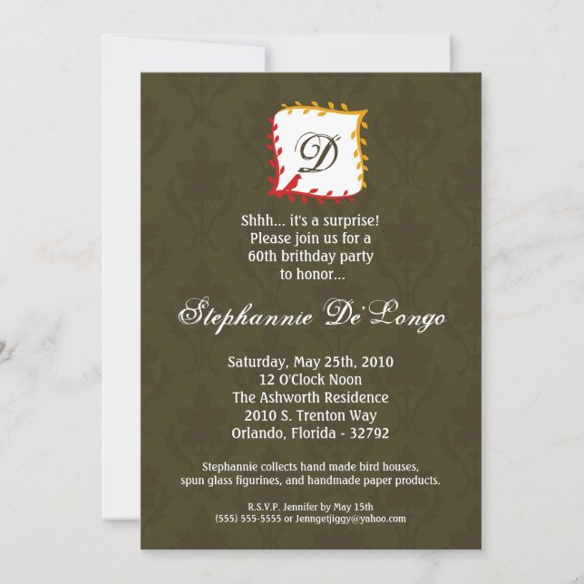 5x7 Autumn Fall Damask Mono Birthday Invitation (Front)