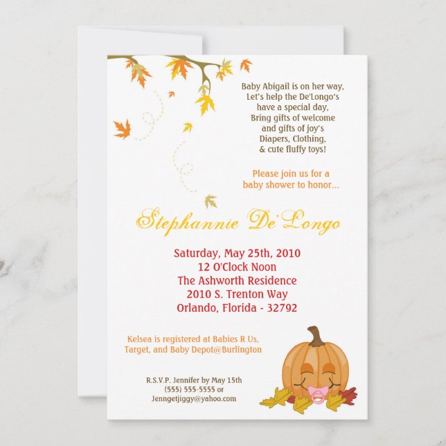 5x7 Autumn Fall Leaves Girl Baby Shower Invitation (Front)