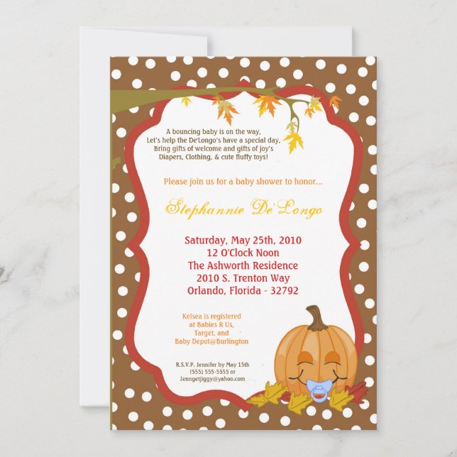 5x7 Autumn Fall Pumpkin Baby Shower Invitation (Front)