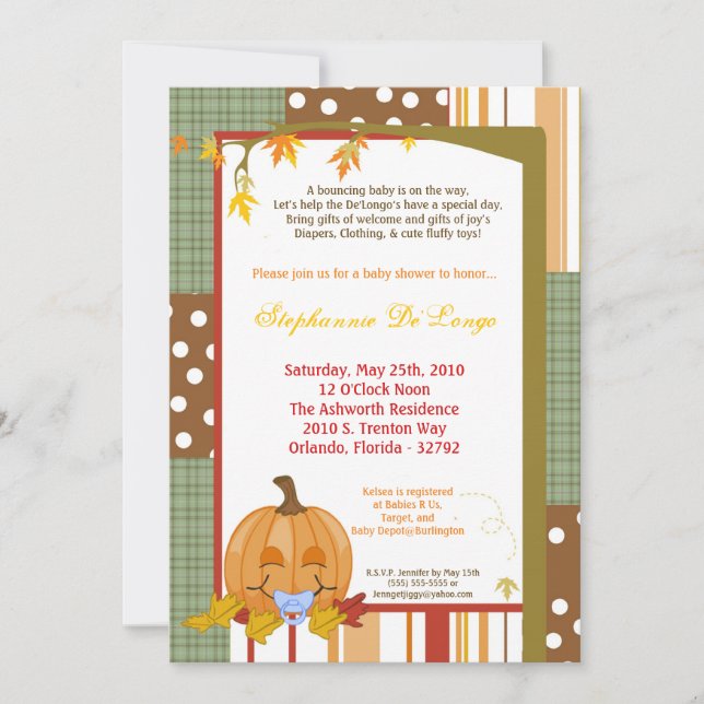 5x7 Autumn Fall Pumpkin Baby Shower Invitation (Front)
