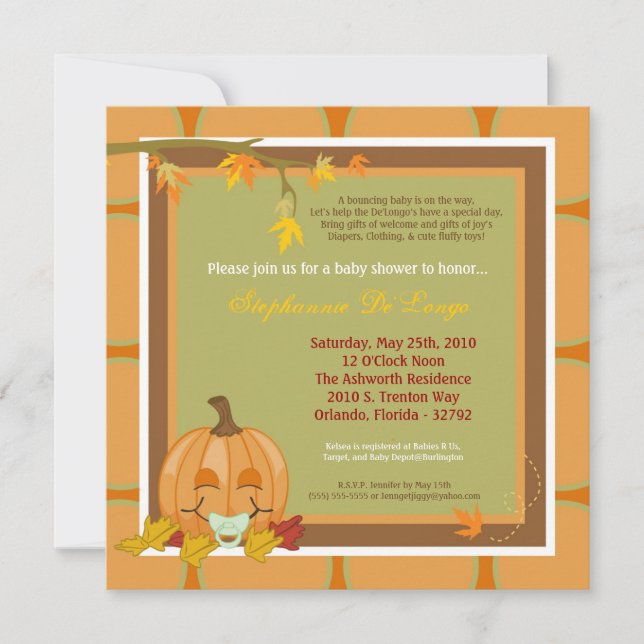 5x7 Autumn Fall Pumpkin Baby Shower Invitation (Front)