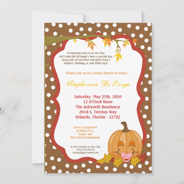 5x7 Autumn Fall Pumpkin Baby Shower Invitation (Front)
