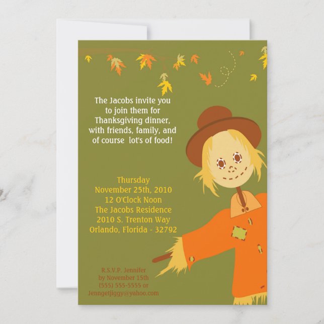 5x7 Autumn Scarecrow Thanksgiving Party Invitation (Front)