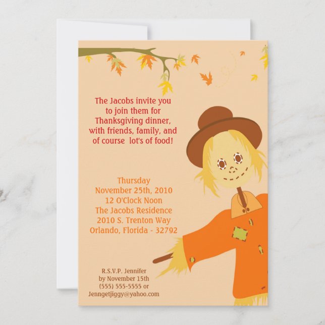 5x7 Autumn Scarecrow Thanksgiving Party Invitation (Front)