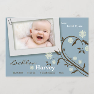 5x7 Baby Boy Blue Floral Photo Birth Announcement