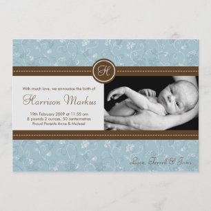 5x7 Baby Boy Blue Floral Photo Birth Announcement