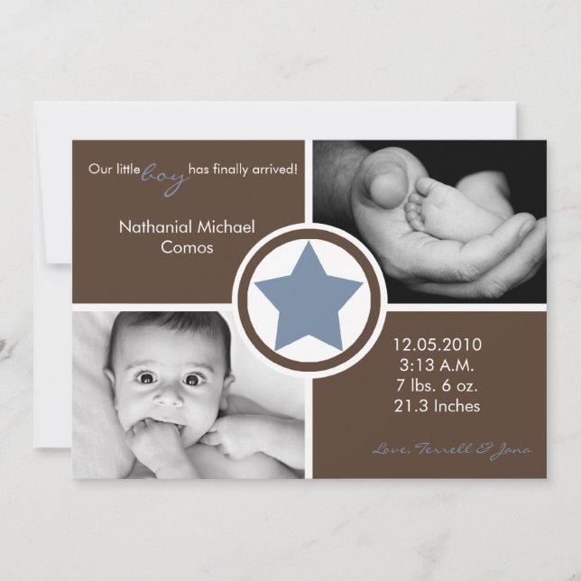 5x7 Baby Boy Blue Star Photo Birth Announcement (Front)
