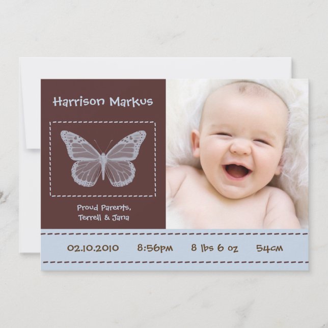 5x7 Baby Boy Butterfly Photo Birth Announcement (Front)