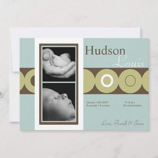 5x7 Baby Boy Retro Circle Photo Birth Announcement (Front)