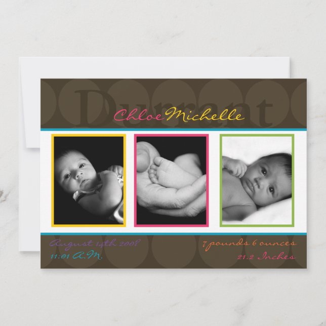 5x7 Baby Girl Brown Polka Photo Birth Announcement (Front)
