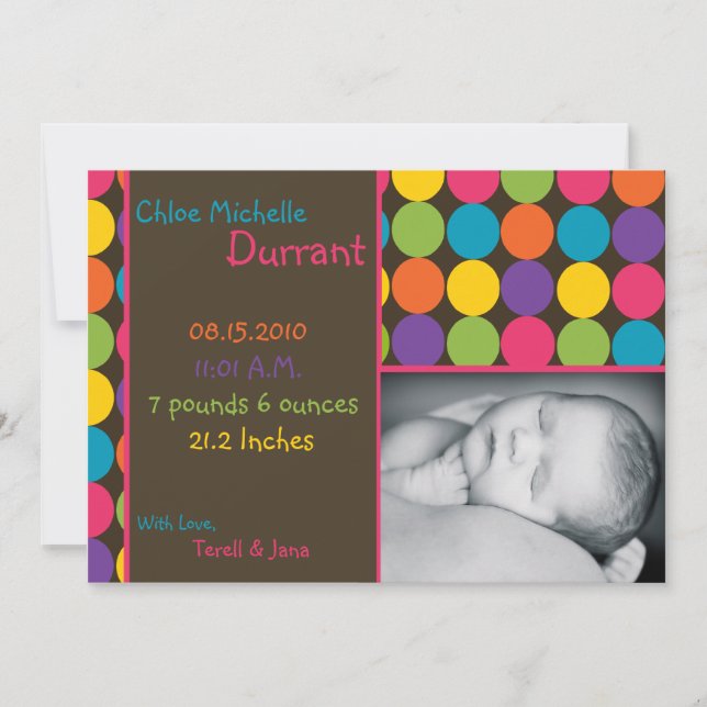 5x7 Baby Girl Brown Polka Photo Birth Announcement (Front)