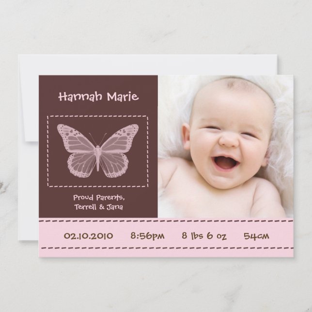 5x7 Baby Girl Butterfly Photo Birth Announcement (Front)