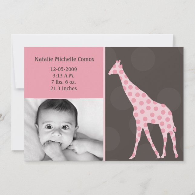 5x7 Baby Girl PinkGiraffe Photo Birth Announcement (Front)