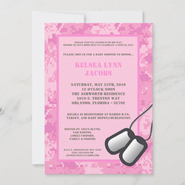 5x7 Baby Shower Invitation Pink ARMY Camo ACU (Front)