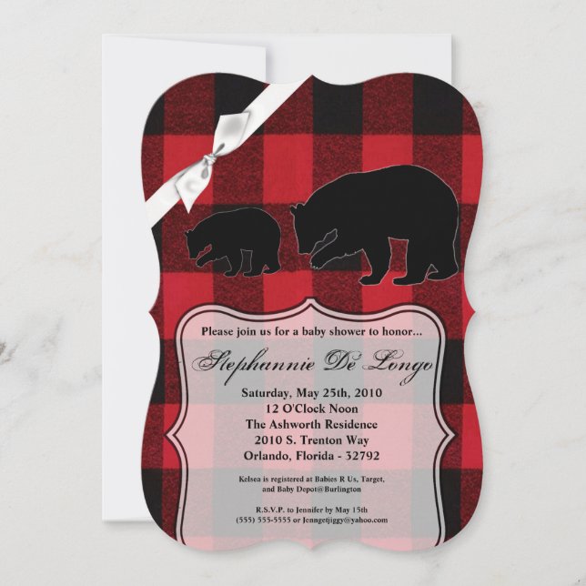 5x7 Baby Shower Invitation Red Buffalo Plaid Bear (Front)