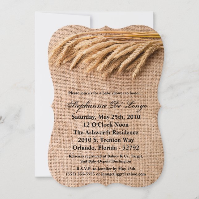 5x7 Baby Shower Invitation Wheat on Burlap Sack Co (Front)