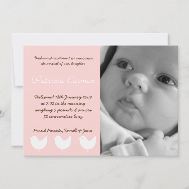 5x7 BabyGirl Pink 3 Birds Photo Birth Announcement (Front)