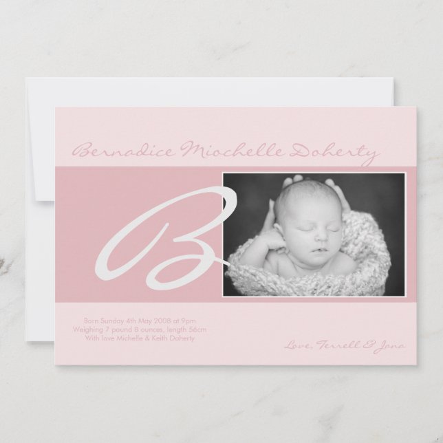 5x7 BabyGirl Pink Initial Photo Birth Announcement (Front)