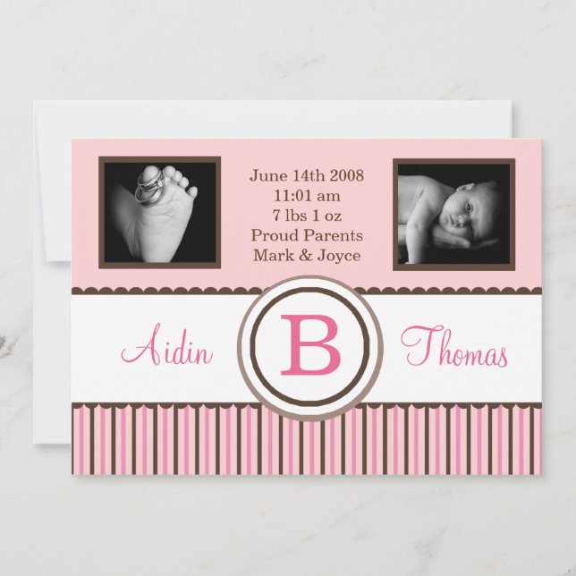5x7 BabyGirl Pink Striped Photo Birth Announcement (Front)