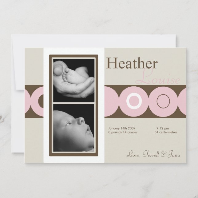 5x7 BabyGirl Retro Circle Photo Birth Announcement (Front)