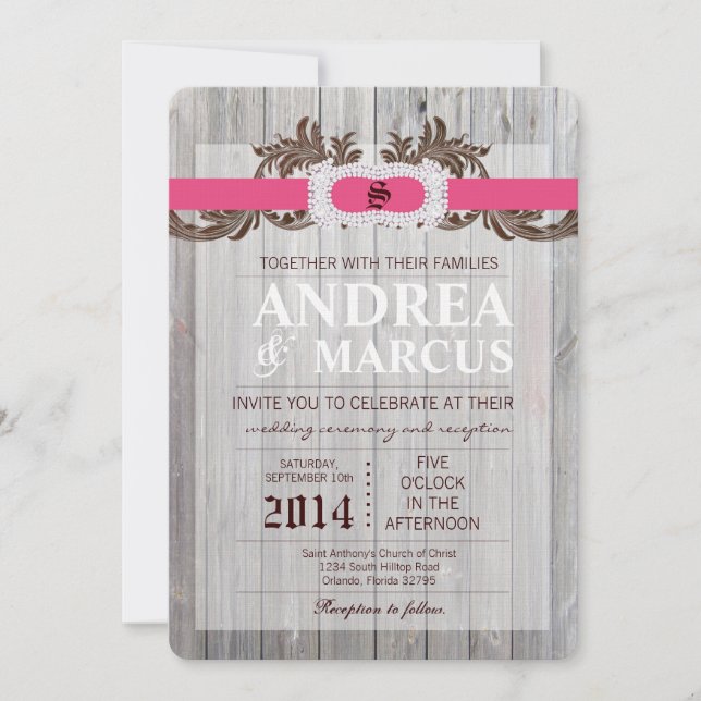 5x7  Barn Wood Diamond Ribbon Wedding Invitation (Front)