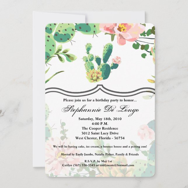5x7 Birthday Invitation Bohemian Cactus Succulents (Front)