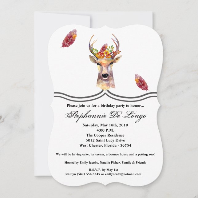 5x7 Birthday Invitation boho deer Buck Head Browni (Front)