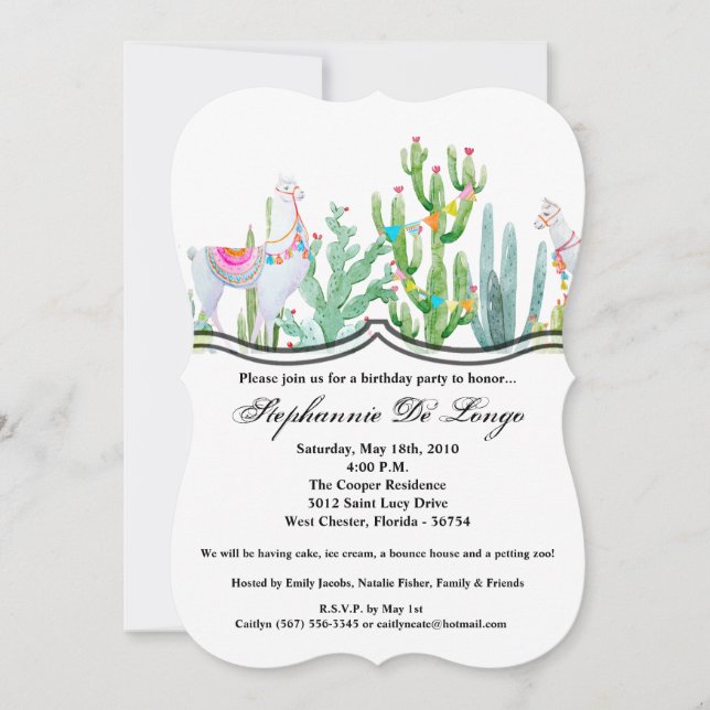 5x7 Birthday Invitation Boho Llama Bohemian Cacti (Front)