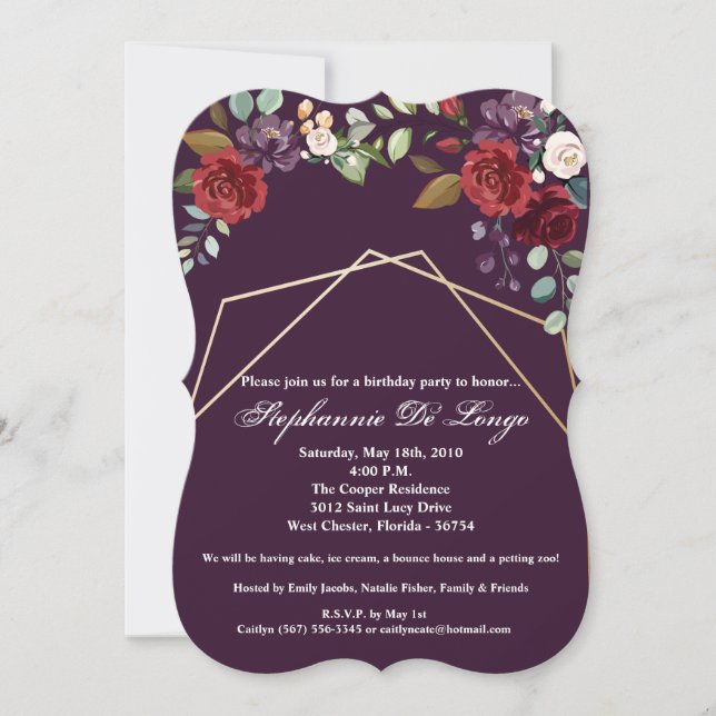 5x7 Birthday Invitation Plum Purple Roses Gold Geo (Front)