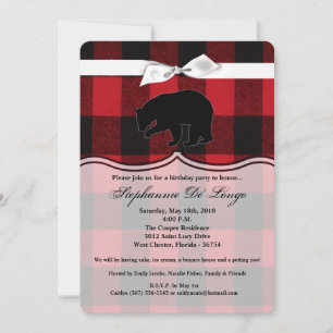 5x7 Birthday Invitation Red Buffalo Plaid Bear Bla