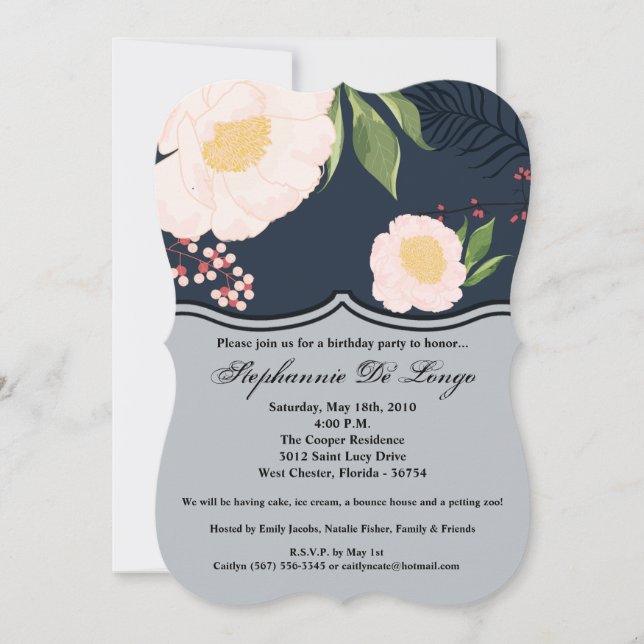 5x7 Birthday Invitation White Floral Flowers on Da (Front)