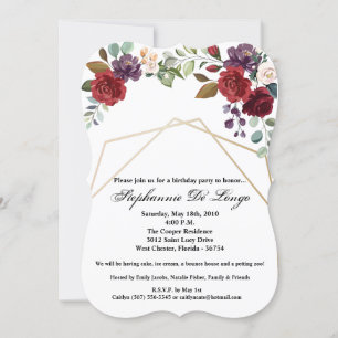 5x7 Birthday Invitation White Roses Gold Geometric