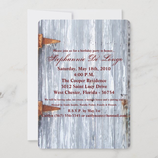 5x7 Birthday Invitation White Wash Wood Barn Door (Front)