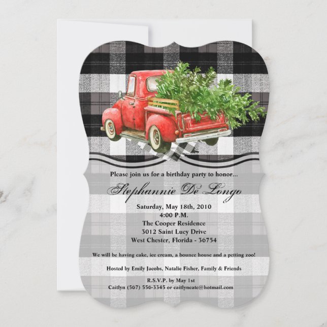 5x7 Birthday Invitation XMAS Truck Baffalo Plaid (Front)