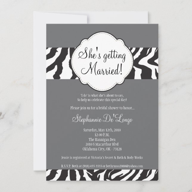 5x7 Blac Grey Zebra Stripe Brida Shower Invitation (Front)