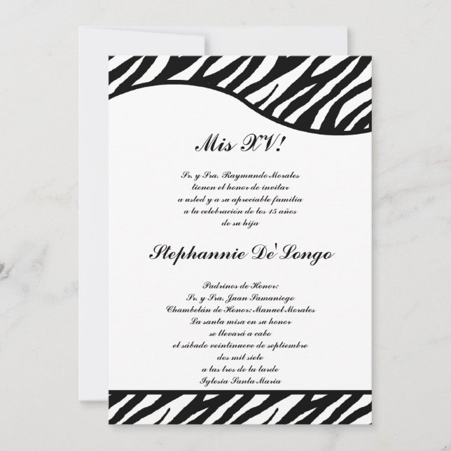5x7 Black and White Zebra Quinceanera Party Invite (Front)
