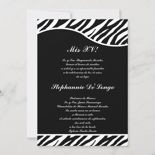 5x7 Black and White Zebra Quinceanera Party Invite (Front)