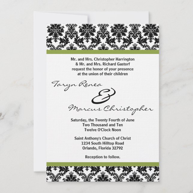 5x7 Black Damask & Green Linen Wedding Invitation (Front)