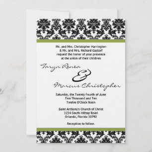 5x7 Black Damask & Green Linen Wedding Invitation