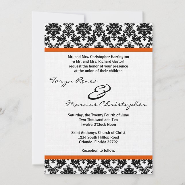 5x7 Black Damask & Orange Linen Wedding Invitation (Front)