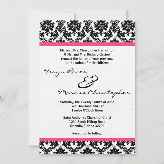 5x7 Black Damask & Pink Linen Wedding Invitation (Front)