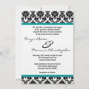 5x7 Black Damask & Teal Linen Wedding Invitation