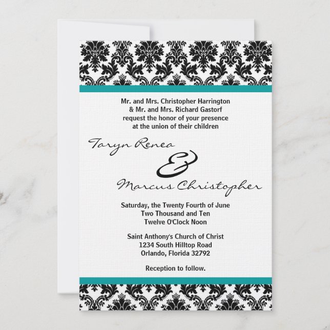 5x7 Black Damask & Teal Linen Wedding Invitation (Front)