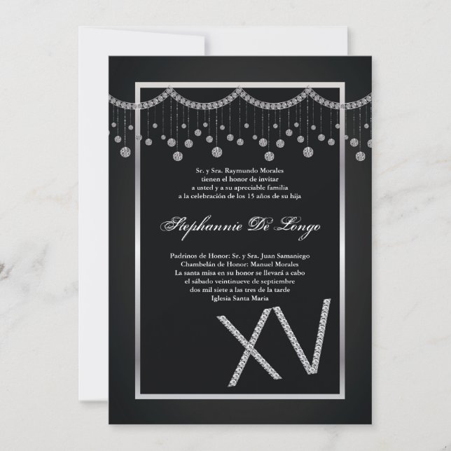 5x7 Black Diamond Quinceanera Birthday Invitation (Front)