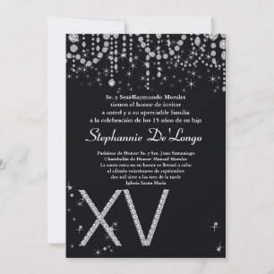 5x7 Black Diamond Quinceanera Birthday Invitation