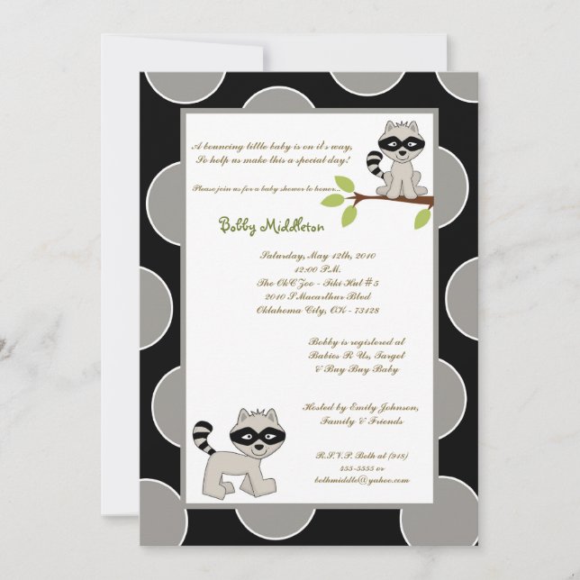 5x7 Black Grey Racoon  Baby Shower Invitation (Front)
