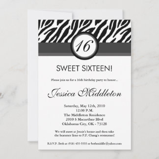 5x7 Black Grey Zebra16th Birthday Invitation