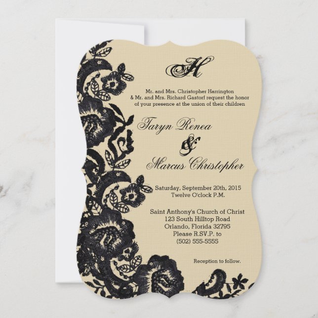 5x7 Black Lace Damask Antique Wedding Invitation (Front)