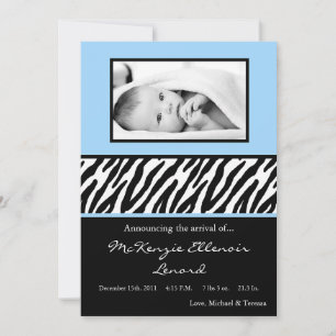 5x7 Black Ligh Blue Zebra PHOTO Birth Announcement
